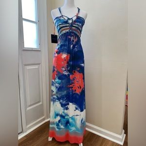 NWT Cynthia Rowley Multi-Color Halter Maxi Dress with Brained Features on Front